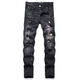 Fei Shimi New Style High Street Herren Ripped Jeans bestickt S Tight Mid-Tendy Herren trendy lässige schwarze Hosen Schwarz 3523 29