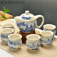 Jingdezhen high-end double-layer tea cup Kung Fu blue and white ceramic teapot with filter Double-layer tea cup Kung Fu tea set Peach Blossom-Double-layer tea set 7 pieces