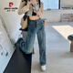 
Pierre cardin red label design contrast embroidered straight jeans women's meat-covered pear-shaped high waist wide-leg floor-sweeping trousers retro blue J695 S