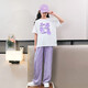 Pig Pitt (Pig/Peter) Mädchen Sommer Kurzarm Set 2025 Neue modische Kinderkleidung mittelgroße Kinder zweiteilige Kinder-Set Casual Summer Clothing 15009 Purple + 9889 Weiß 170 cm