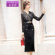 Feimengyi light mature style dress women's long-sleeved 2020 autumn ladylike temperament V-neck slim splicing slit skirt black XL