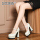 Belan Siqi Frühlings- und Herbst-Neues Top Cowhide One-Strip Runde Zehen wasserdichte Plattform Dicke Absatz Single Schuhe Frauen High Heels Dicke Sohle Schuhe 683 Schwarz 39