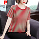 Pierre Cardin T-shirt à manches courtes pour femmes Pure Coton Mère d'âge moyen L Mother Suit 2025 Nouvelle grande taille l évolutive Loose Covering Striped aiguille 688 # à manches courtes [bleu brut] 2xl Recommandé 125-140jin [Jin est égal à 0,5 kg]
