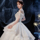 Nantang three-color main light wedding dress new bride one-shoulder high-end large tail floor-length palace champagne color slimming female light champagne tail wedding dress L
