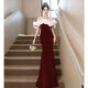 Maid black evening dress 2025 new French one-shoulder high-end luxury temperament slimming the celebrity host mermaid tail red XL