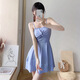 Bo Na Ling swimsuit women's ins hot spring swimsuit one-piece swimsuit outer skirt conservative sexy sun protection short sleeves slimming belly cover blue skirt swimsuit 80-120Jin Jin is equal to 0.5 kg