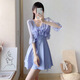 Bo Na Ling swimsuit women's ins hot spring swimsuit one-piece swimsuit outer skirt conservative sexy sun protection short sleeves slimming belly cover blue skirt swimsuit 80-120Jin Jin is equal to 0.5 kg