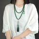 CLCEY new Chinese style necklace green beaded tassel sweater chain high-end long crossbody chain literary retro accessories round button long tassel necklace can be crossbody (Ma 1391
