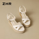 
ZHR head layer cowhide sandals for women thick sole wedge shoes for vacation cross straps for women S169 beige 36