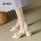 ZHR-Sandalen für Frauen, einfache und modische High Heels, dicke Absätze, klassische Ein-Strip-Schnalle-Sandalen für Frauen, Y718 Beige 34