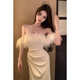 以欧（YIOU）2025新款年会宴会晚礼服舞会白色一字肩连衣裙女显身材礼服裙5886 米白 L