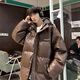 Poke Mailad PU leather cotton jacket men's hooded winter new American fashion brand thickened warm large size loose cotton jacket brown XL 130-150Jin Jin equals 0.5 kg
