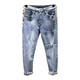 OSSO Lang Stickerei Trendy Marke INS Spleißen Internet Promi gutaussehende Neun-Punkte koreanische Style Trendy Jeans Herren gerissene schlanke Hose hellblau 869 28