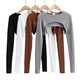 Rock color ultra short top tight hot girl sweet and spicy long-sleeved blouse for women spring and autumn new round neck color versatile T-shirt blood mattress brown S