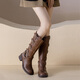 Feyuega Knight Boots Women's Retro Maillard Thick Heel Belt Buckle Martin Boots But Knee Boots New Western Denim Boots Brown 38