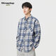 MMOPTOP日系复古长袖格子衬衫男士秋冬季潮流宽松休闲衬衣2209深蓝XL
