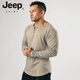 JEEP SPIRIT Retro Heavy Henley Long Sleeve T-Shirt Solid Color Sports Fitness Bottoming Shirt Men's Pure Cotton Stretch Thin V-Neck Cardigan Black L