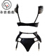 Wen Shi Oumi Wanfei European and American new sexy women's patent leather mesh garter belt three-piece set sexy suit leather jacket three-point black S80-90Jin [Jin equals 0.5 kg]