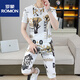 ROMON 2025 new personalized elephant printed short-sleeved T-shirt sports suit men's summer fashion brand casual two-piece set men's clothing 826 elephant white M