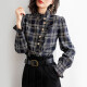 sofa sofa retro stand-up collar plaid shirt women's long-sleeved autumn wear 2021 new temperament fungus lace lantern sleeves versatile slim commuter shirt 03 blue bottom plaid M