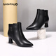 Spider King Boots Women's Autumn and Winter New Genuine Leather Thick Heel Plus Velvet Leather Shoes Pointed Toe Women's High Heel Short Boots Versatile Women's Shoes Ankle Boots Black Velvet 35
