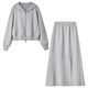 Chandubila comfortable and casual zipper hooded collar off-shoulder sweatshirt elastic waist draped large hem fishtail skirt cotton suit floral gray M