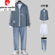 Pierre cardin men's casual long-sleeved shirt men's suit spring and autumn trendy men's clothing full set with mature trendy clothes 679 blue shirt + long white T+71 blue jeans XL