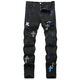 Fei Shimi New Style High Street Herren Ripped Jeans bestickt S Tight Mid-Tendy Herren trendy lässige schwarze Hosen Schwarz 3523 29