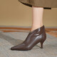Gfoe French niche cowhide high heels ankle boots temperament retro pointed toe boots women's thin heels nude boots autumn v-mouth witch shoes single brown 36