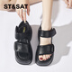 Sábado Sandalias de tacón de gran altura para mujeres en primavera 2025 Productos nuevos afuera con pastel de esponja zapatos de moda romanos casuales para mujeres negras 37