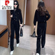 皮尔卡丹（pierre cardin）加绒加厚休闲套装女2025秋冬季新款保暖时尚外套阔腿裤两件套 6198#黑色【春秋款】 XL 【建议110-125斤】