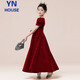 Yinuofang Children's Dress Long Dress Burgundy Children's Day Performance Costume Princess Dress Burgundy Puff Sleeves Size 150