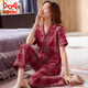 Catman (MiiOW) star pajamas summer women's pure cotton short-sleeved trousers spring and autumn red plaid middle-aged mother's large size home clothing FTX-9921 M - Recommended 80-95Jin [Jin equals 0.5 kg]