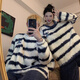Mengdong Korean Stitch Cartoon Couple Pajamas for Men and Women Autumn and Winter Plus Velvet Thickened Striped Plush Home Clothes Two-piece Set TM#8920 Striped Stitch 2XL Men's Style (145-170 Jin Jin is equal to 0.5 kg)