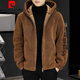 Pierre Cardin Men's Shearling Hooded Jacket Men's 2025 Winter New Polar Fleece Thickened Jacket Men's Jacket Gray 2XL 130-150Jin Jin equals 0.5 kg
