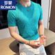 罗蒙（ROMON）夏季冰丝黑色男士高端短袖t恤男镂空针织圆领修身新款透气T恤薄款 9759灰色 (菱形格款) M