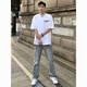 Qumile American street fashion brand letter printing heavy short-sleeved T-shirt men's summer casual loose white cotton base shirt white L [recommended 100-120 Jin [Jin equals 0.5 kg]]