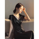 
MODX Hong Kong trendy brand formal occasion long skirt Hepburn style celebrity high-end temperament slim black short-sleeved dress black dress L