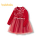Balabala girls dress children's 2025 spring red new Chinese mesh fake two-piece New Year's greetings dress 208125111007