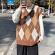 JIAYE 2024 Spring and Autumn Rhombus Grid Candle Knitted Vest Men's Loose Pullover Retro Outer Sleeveless Sweater Vest Coffee XL