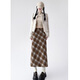Hao'e retro woolen plaid skirt for women autumn and winter brown high waist slim pear-shaped figure long slit a-line skirt khaki M recommended 96-110Jin Jin equals 0.5 kg