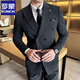 ROMON high-end double-breasted suit suit male groom wedding dress formal fit Korean solid color suit three-piece suit black single-piece suit XL/52