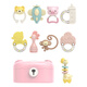 Aseblarm teether hand rattle 0-3-6 months 1 year old baby grasps early education enlightenment soothes newborn baby toy G animal rattle 9 kit (pink)