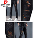 Pier Cardin printed versatile embroidered jeans men's pattern personalized hot diamond trendy embroidery fashion brand Korean slim pants A689 black 29