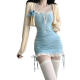 
Yi Jingxuan (YIJINGXUAN) Spring and Summer 2024 Set of women pure sexy hot girl waist-hugging suspender halter neck tight little mother hip skirt two-piece nightclub blue suit/cardigan (blue knot) + blue dress M 95-105Jin [Jin equals 0.5 kg]