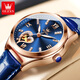 OLEVS Swiss certified brand watches for women mechanical watches fully automatic hollow women's watches for birthday gifts for girlfriend and wife. Upgraded enhanced version 6636-Blue leather rose shell blue face [lifetime warranty]