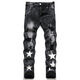 Fei Shimi New Style High Street Herren Ripped Jeans bestickt S Tight Mid-Tendy Herren trendy lässige schwarze Hosen Schwarz 3523 29