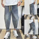 
Yibo (YIBO) jeans men's new summer style Hong Kong style light luxury loose harem pants used for lace-up casual trousers for men retro blue XL [recommended 120-135 Jin [Jin equals 0.5 kg]]