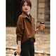 Demana Urban Casual Commuting Half-High Lapel Shirt Contrast Color Stitching Brushed Shirt Women's Top Light Brown L