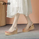 Sandales de coin zhr pour les femmes Summer Real Cow Hide Sole Sole pour femmes Chaussures à la mode à la ceinture mince et à talons hauts pour femmes AY92 Champagne 37